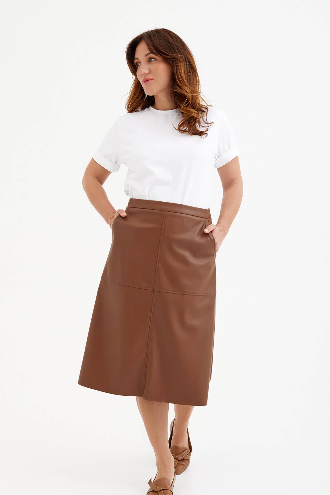 Skirt 'TOSCANA' | faux-leather A-line in almond for wholesale on Faire6