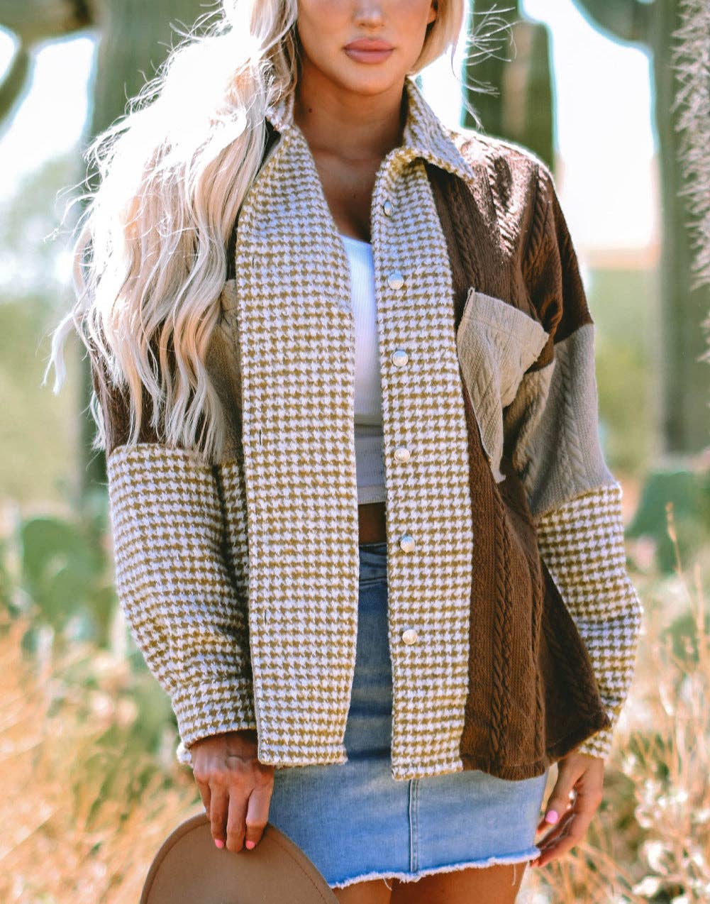 Khaki Houndstooth Color Contrast Textured Patchwork Shacket for wholesale on Faire