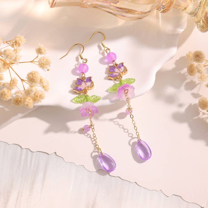 E269 purple flower earrings, flower dangle earrings for wholesale by Melange Blanc