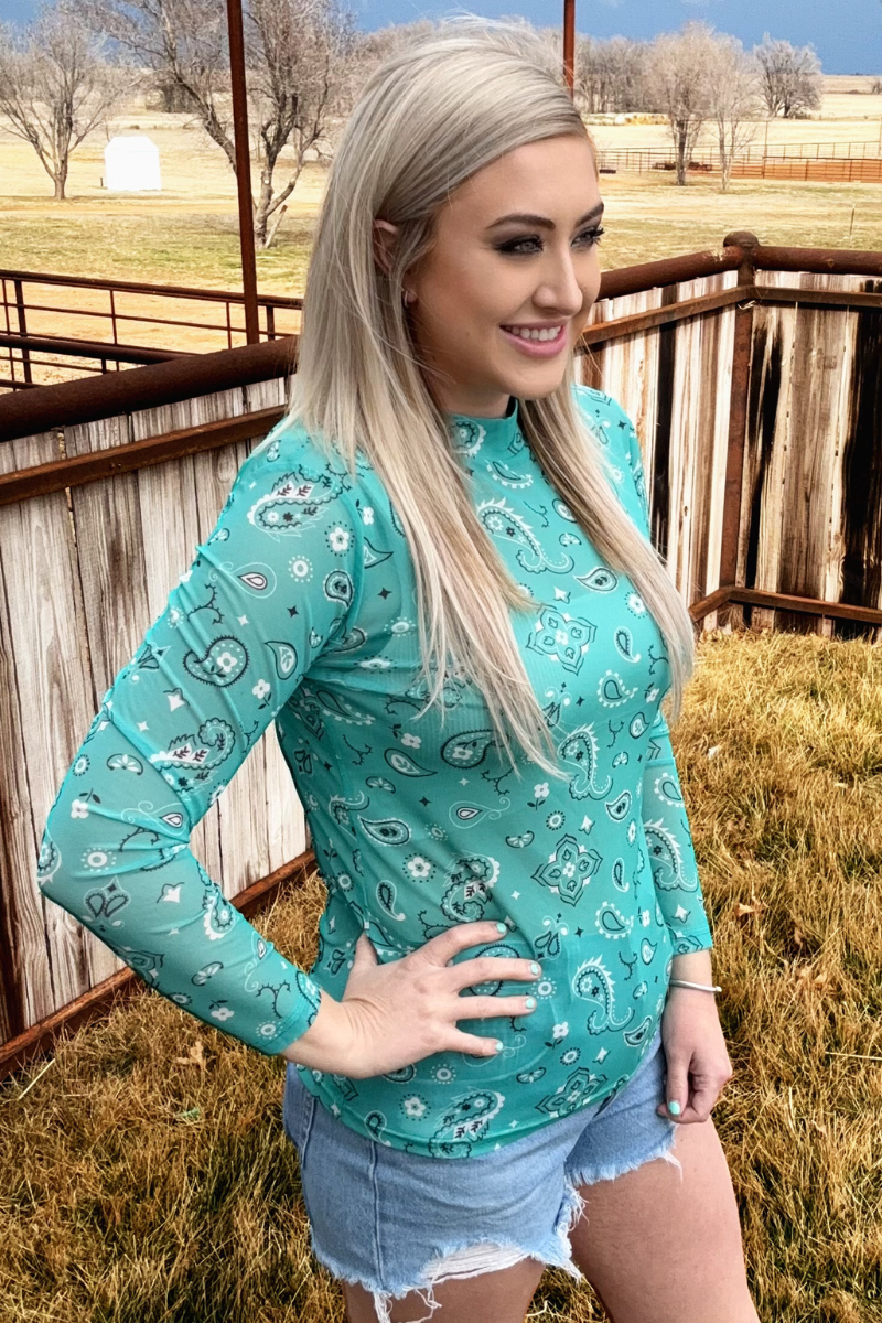 Sterling Kreek - Wholesale Blouse - Women's - Bandana Babe Mesh Top Turquoise6