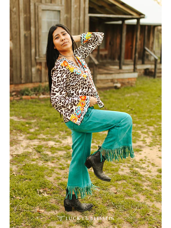 LUCKY & BLESSED - Wholesale Pants - Women's - Jade Suede Butt Shaping Wide Leg Crop Pants W Fringe