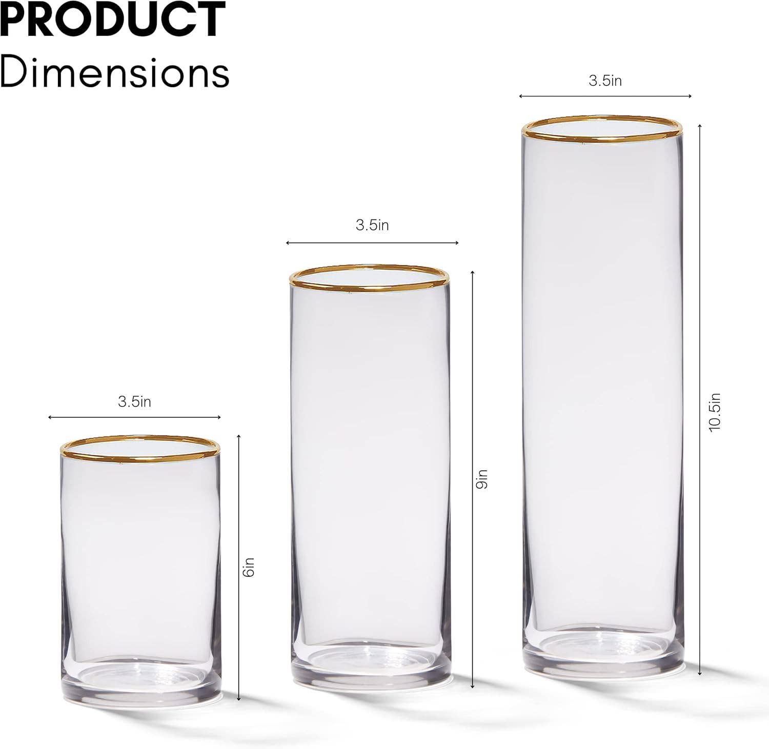 4E's Novelty - Vente Vases - Ensemble de Nouveauté 4E de 3 Vases Cylindriques en Verre avec Bord Doré – Centres de Table Élégants & Porte-Bougies1