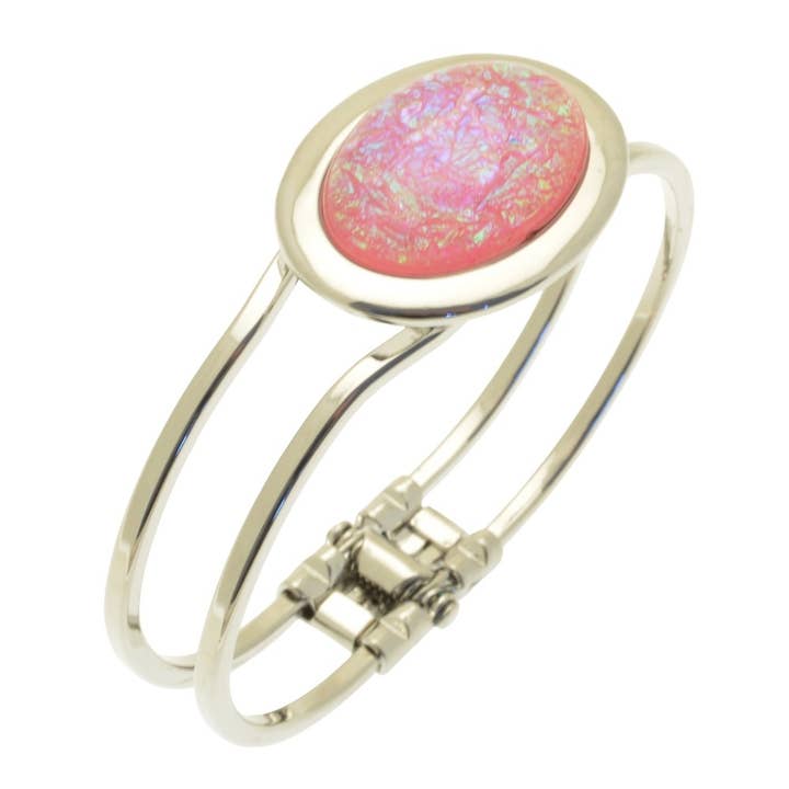 Coral Iridescent Resin Hinged Bangle for wholesale by Miss Milly Limited