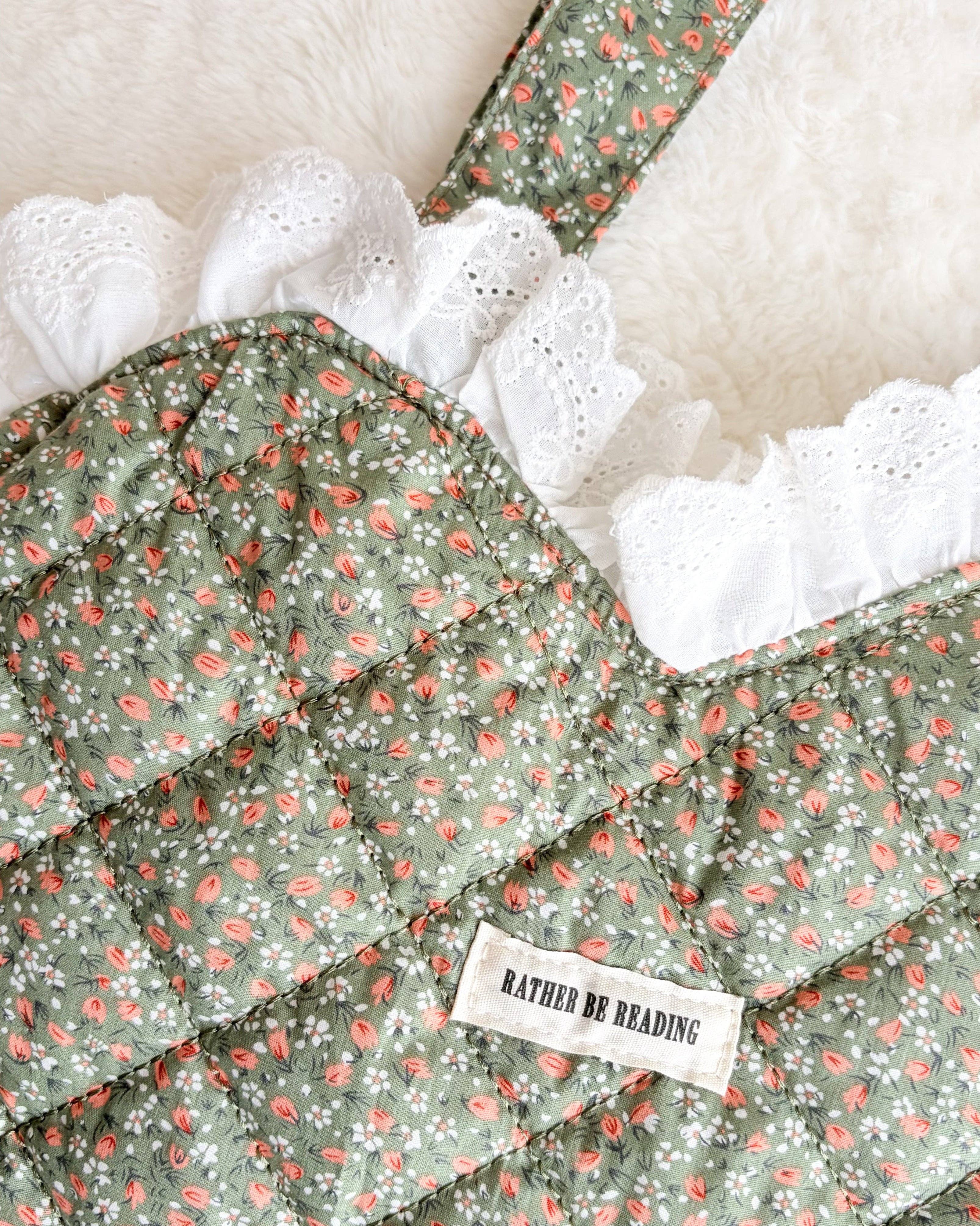 The Bean Workshop - Wholesale Tote Bag - Women's - Rather Be Reading Green Quilted Heart Tote Bag with Ruffled Lace Trimming1