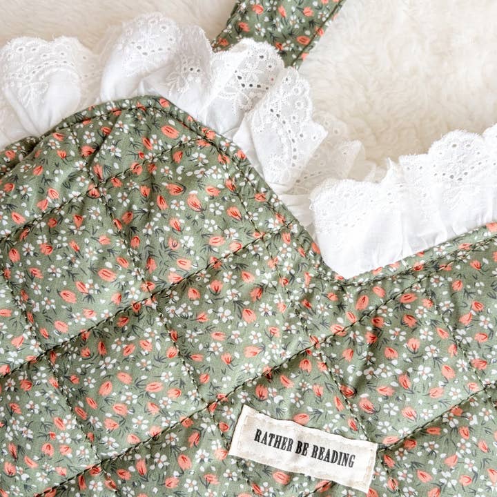 The Bean Workshop - Wholesale Tote Bag - Women's - Rather Be Reading Green Quilted Heart Tote Bag with Ruffled Lace Trimming1