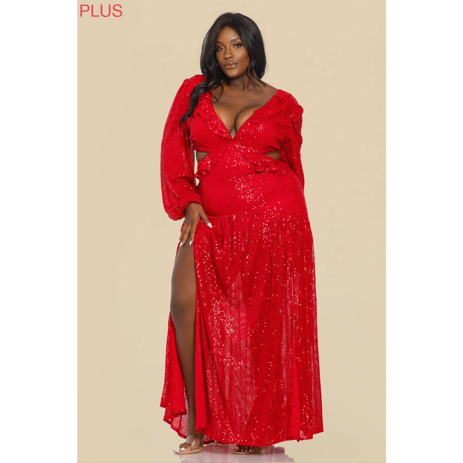 The Sang - Wholesale Dress - Women's - SD381122-P SEQUINS LONG SLEEVE MAXI DRESS PLUS SIZE8