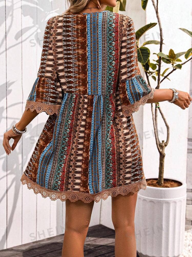Rosa Clothing - Wholesale Dress - Women's - Bohemian Chic V-Neck Striped Print Lace Trim Dress6
