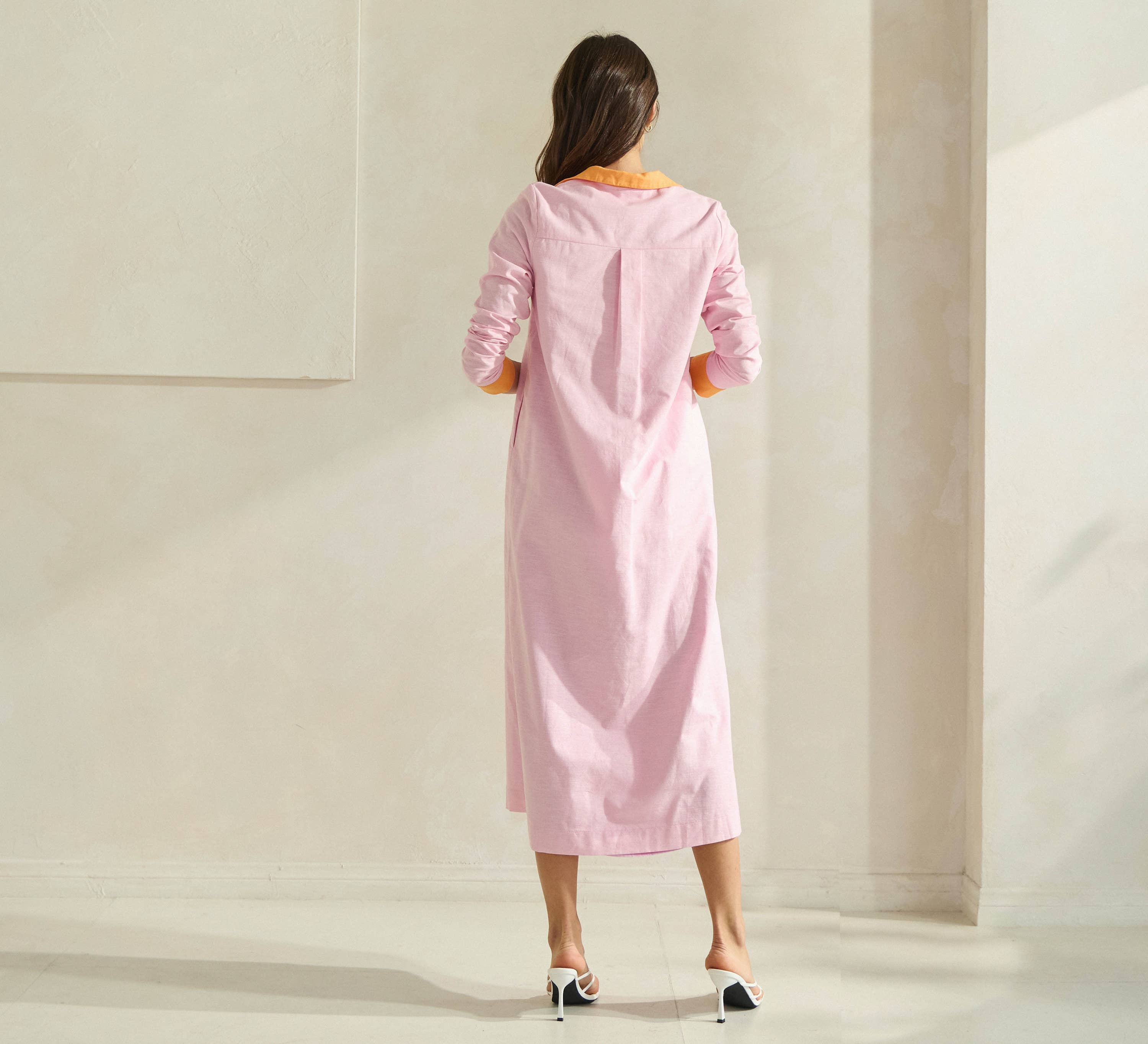 PINK ORANGE Contrast Trim Linen Dress for wholesale on Faire4