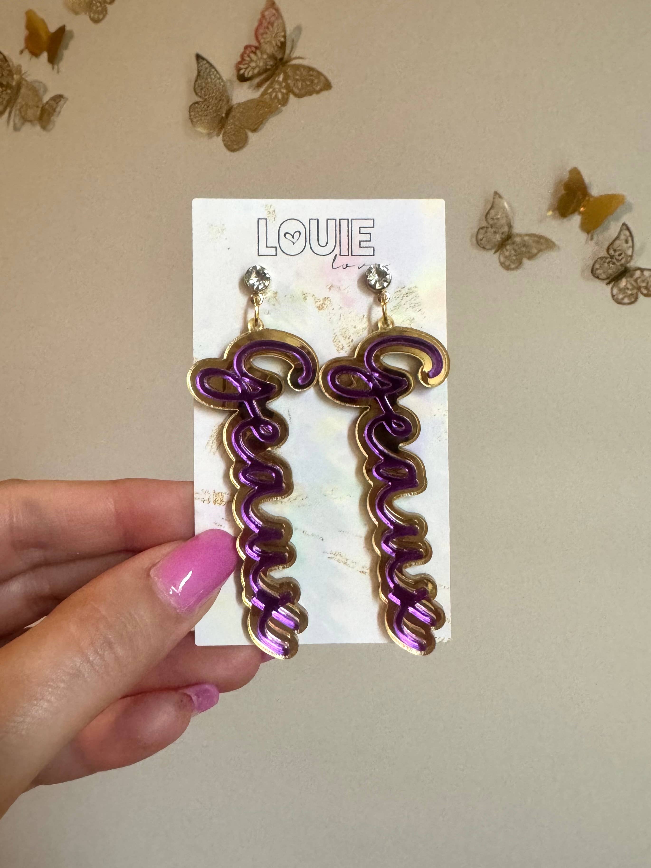 Louie Love - Wholesale Dangle Earrings - Gold Acrylic Geaux Louisiana State LSU Tigers Earrings6