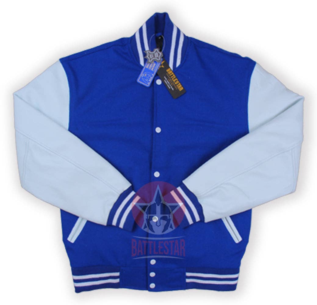 Eastworth Industries – Großhandel College-/Baseballjacke – Herren – Königsblaue Wolljacke mit weißen Ärmeln aus reinem Leder