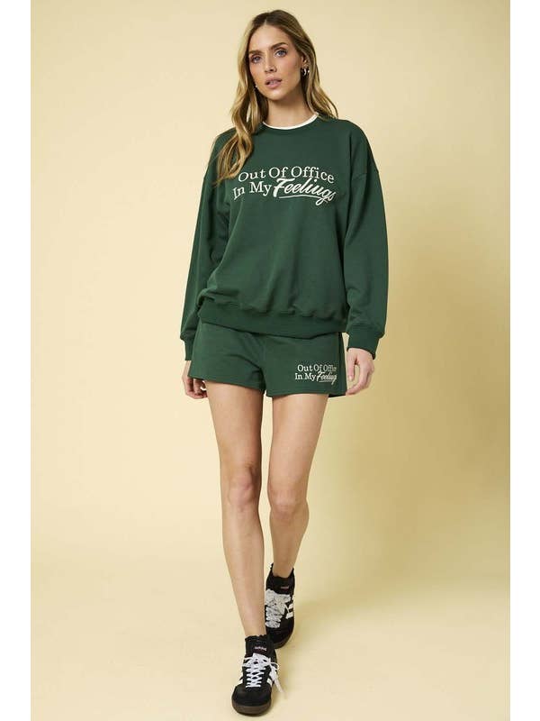 Green "OUT OF OFFICE" EMBROIDERY SWEAT SHORT for wholesale on Faire