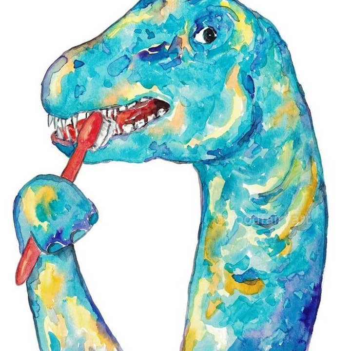 Goodfairyart – Engroshandel Kunsttryk – Brontosaurus Børstning Tænder Dinosaur Maleri Akvarel3