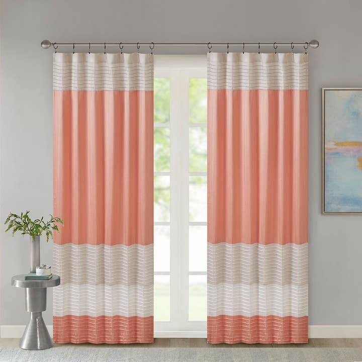 Faux Silk Color Block Window Pintuck Curtain, Coral for wholesale by Olliix