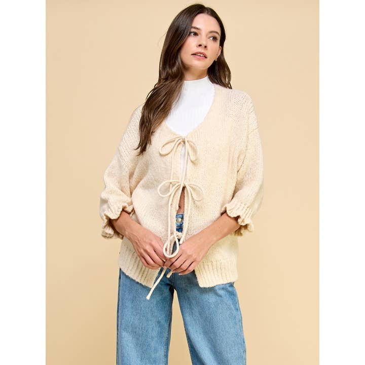 Veveret - Wholesale Cardigan - Women's - Knit Cardigan with Fornt Tie Ribbon 2