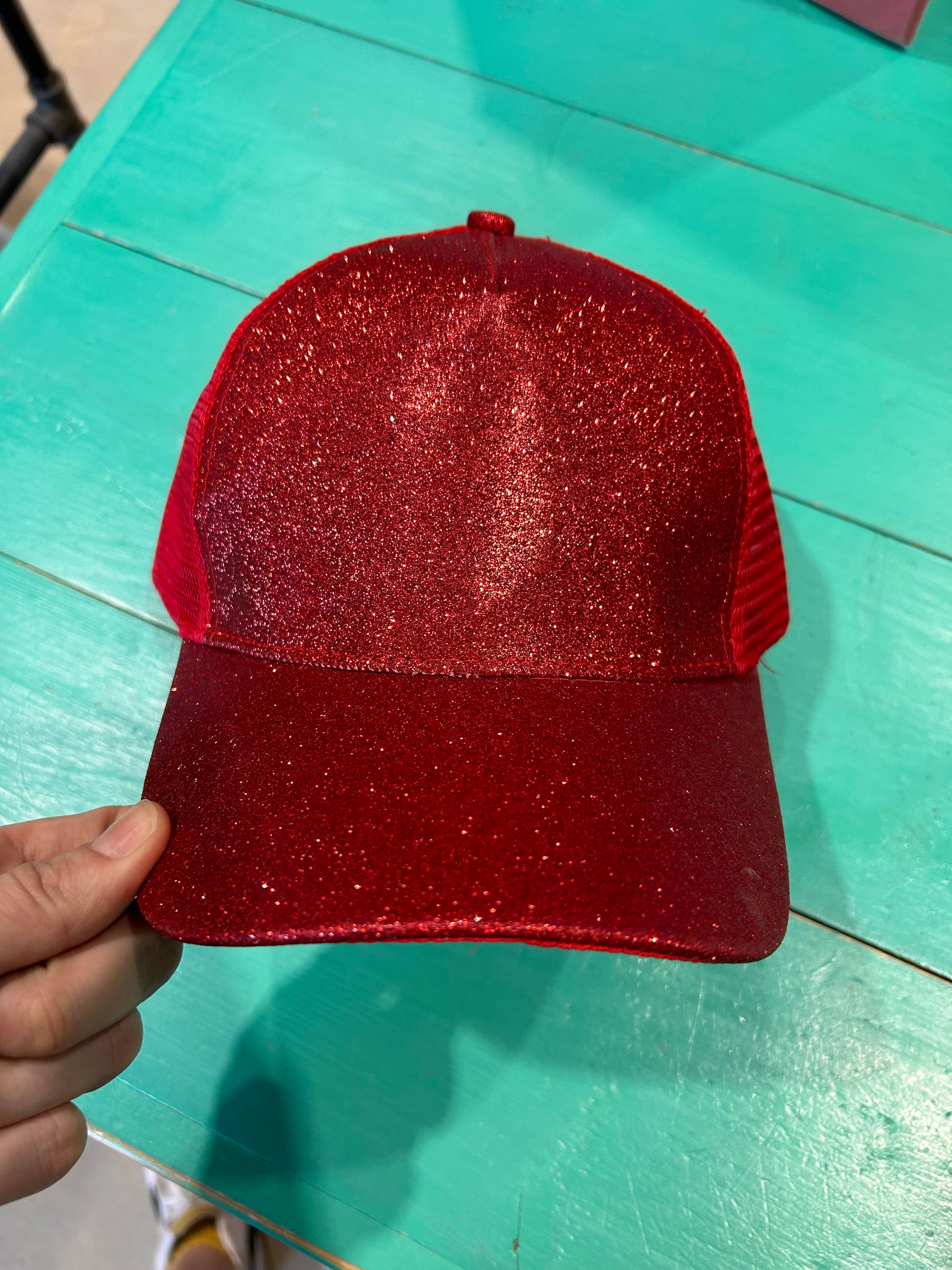 Vibes Red Glitter Ponytail Caps | Sparkle | Baseball Cap for wholesale on Faire