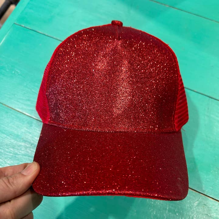 Vibes Red Glitter Ponytail Caps | Sparkle | Baseball Cap for wholesale by Vibes Hat Company