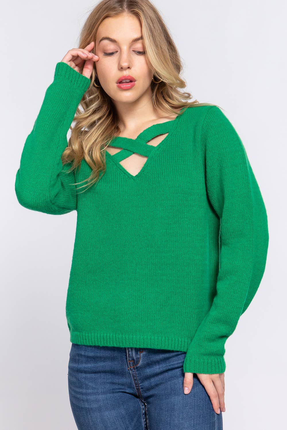 Active Basic | Active USA - Wholesale Knit Sweater - Women's - Long Sleeve V-neck With X Strap Sweater13