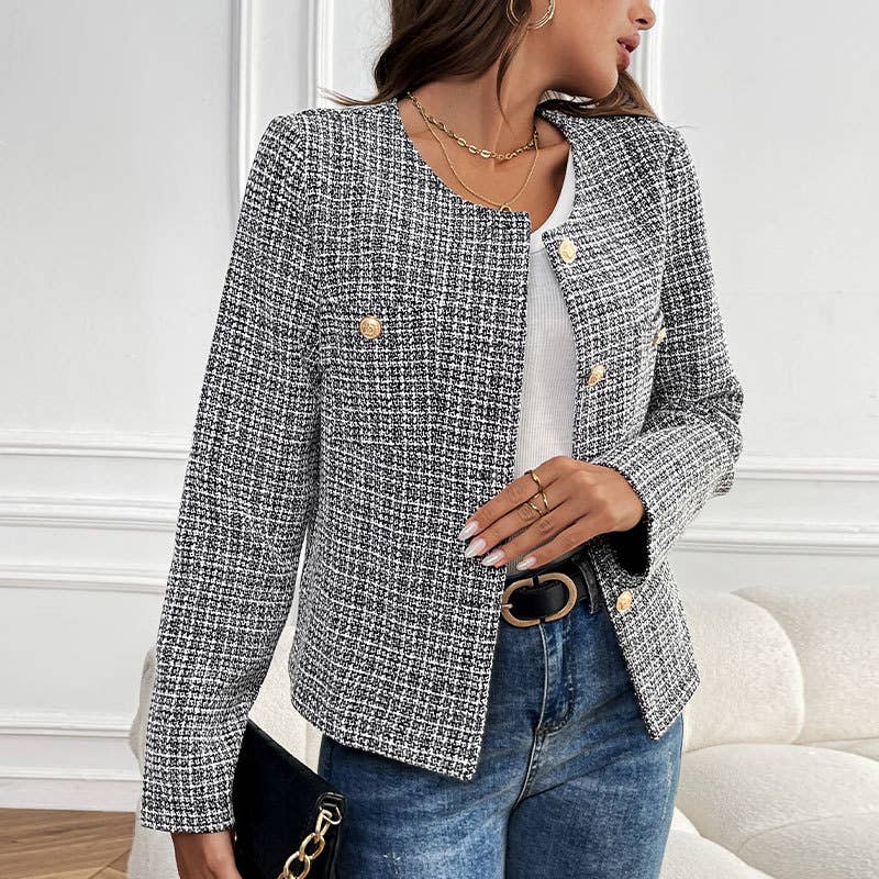 Black Tweed Button Front Blazer Jacket with Round Neckline for wholesale on Faire1