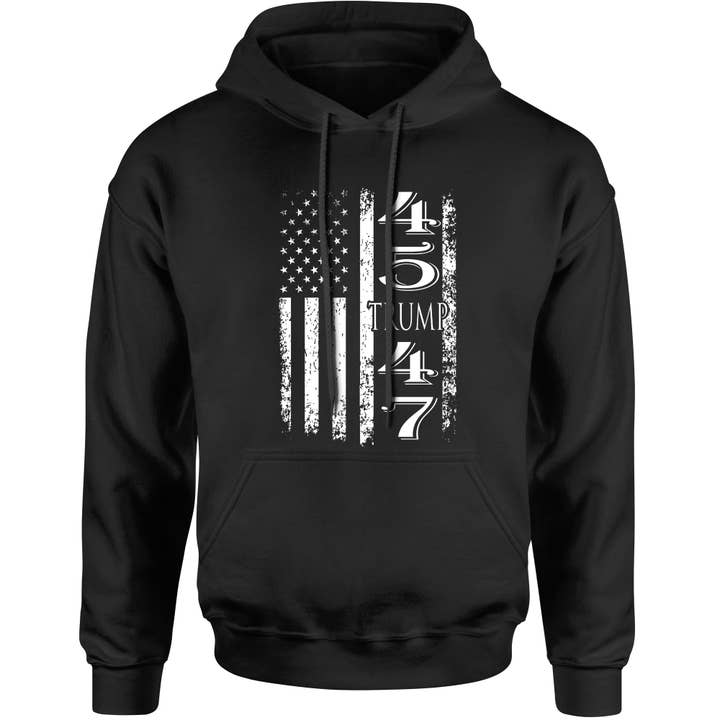 Unisex Trump 45 47 hættetrøje med amerikansk flag for engroshandel hos Ferocitees