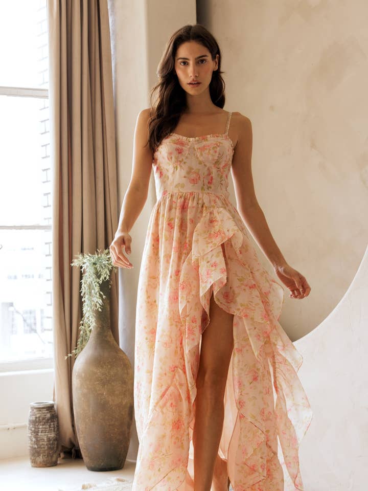 JD9258-1 - FLORAL RUFFLED BUSTIER MAXI DRESS for wholesale by STORIA