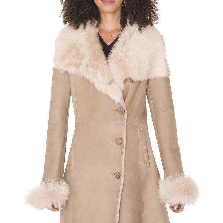 Womens Suede Merino Shearling Coat with Toscana Collar-Hanoi for wholesale by Infinity Leather (Upperclass Fashions Ltd)