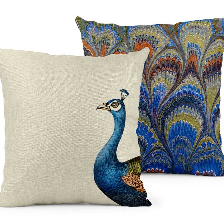 Peacock Marbled Cushion with British Sheep's Wool Pad for wholesale by Mustard & Gray Ltd