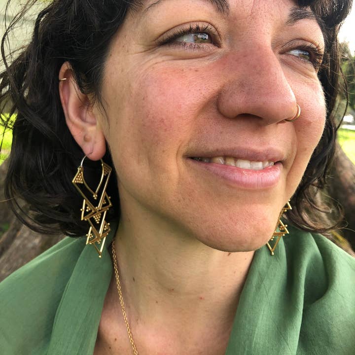 JAYA MOKSHA - Wholesale Dangle Earrings - Brass Tribal Boho Chandelier Earrings / Gold Triangle Hoops 6