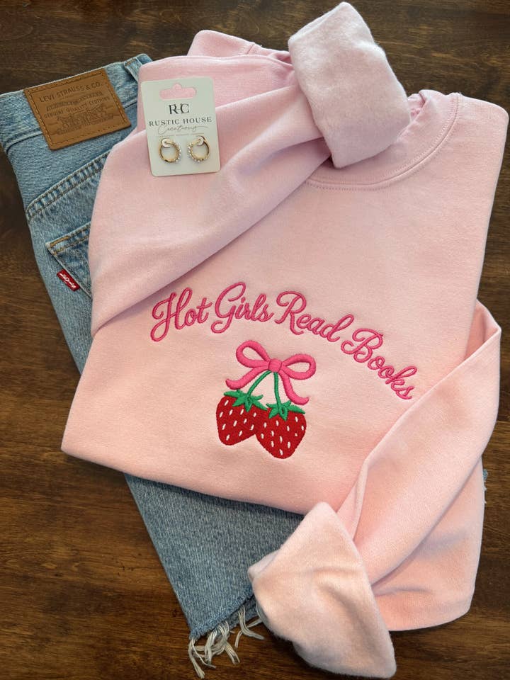 Hot Girls Read Books Embroidered Sweatshirt for wholesale by Rustic House Creations
