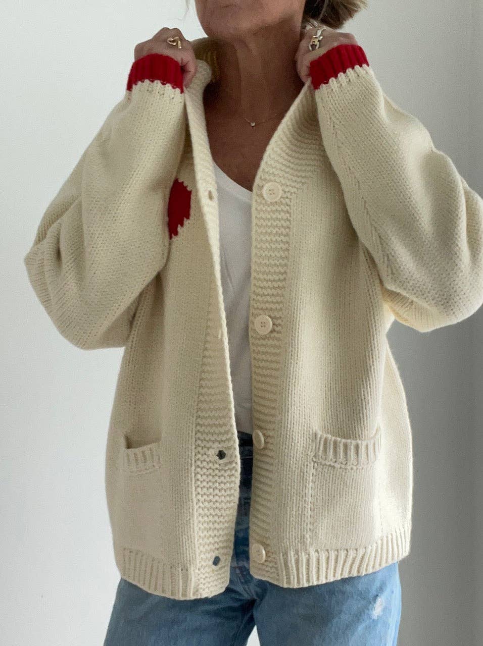 Pink Pineapple - Wholesale Cardigan - Women's - Varsity Chunky Heart Cardigan in Ivory/Red2