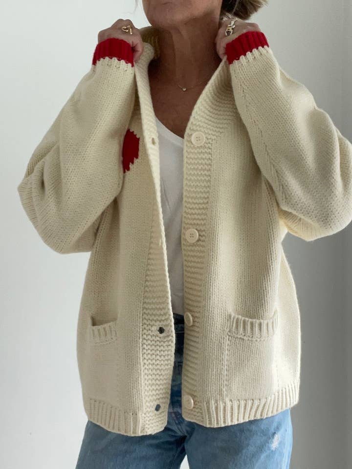 Pink Pineapple - Wholesale Cardigan - Women's - Varsity Chunky Heart Cardigan in Ivory/Red2