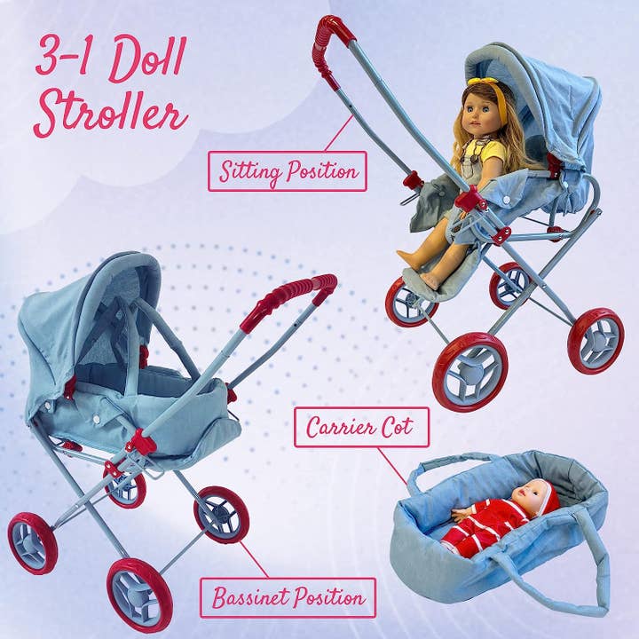 The New York Doll Collection - Wholesale Doll Stroller - Kids - Heart Printed Doll Bassinet Stroller with Travel Carry Bag16