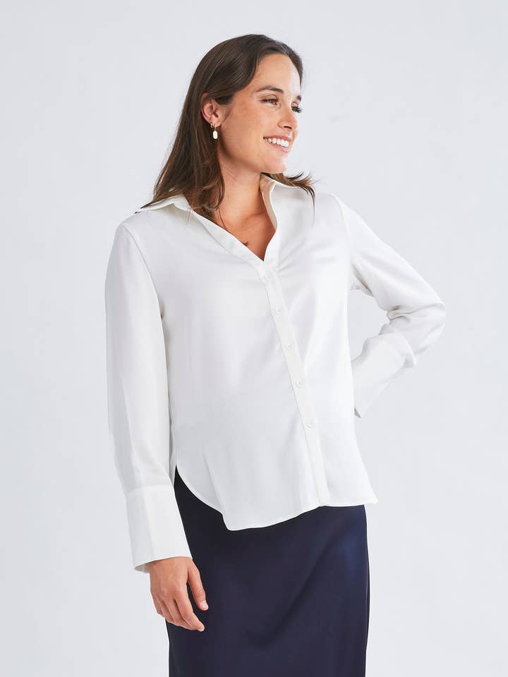Amelia Elegant Satin-Finish White Maternity Work Shirt for wholesale by Angel Maternity