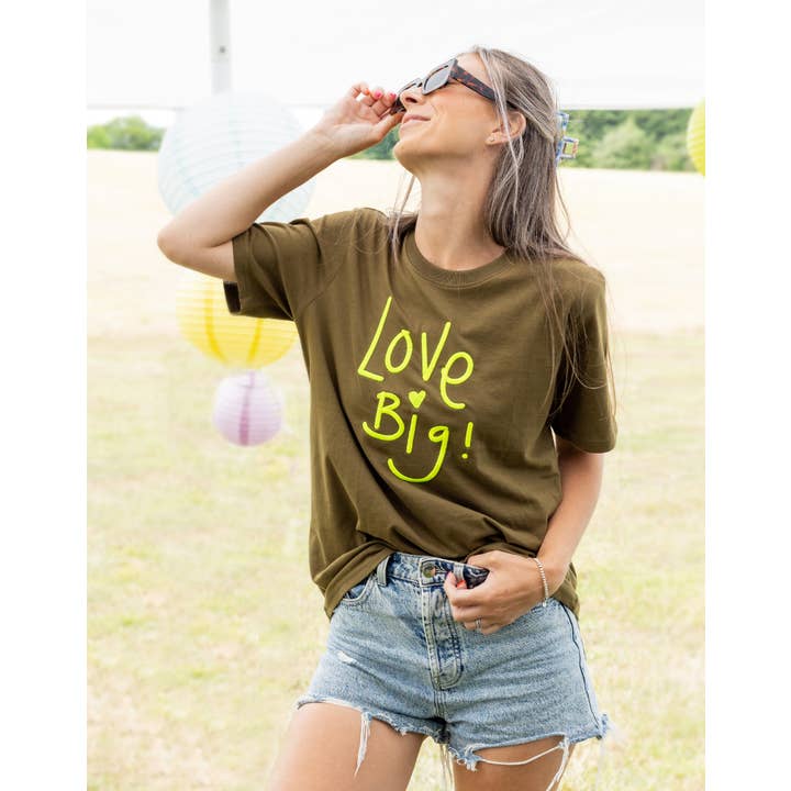 Nickie Kelly X Percy & Nell Neon Yellow 'Love Big' T-Shirt for wholesale by Percy and Nell Retail Limited