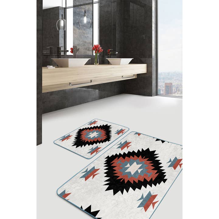 Realhomes - Wholesale Bath Mat Set - Rustic Tribal Geometric Ivory Black-2-Piece Bath Mat Set
