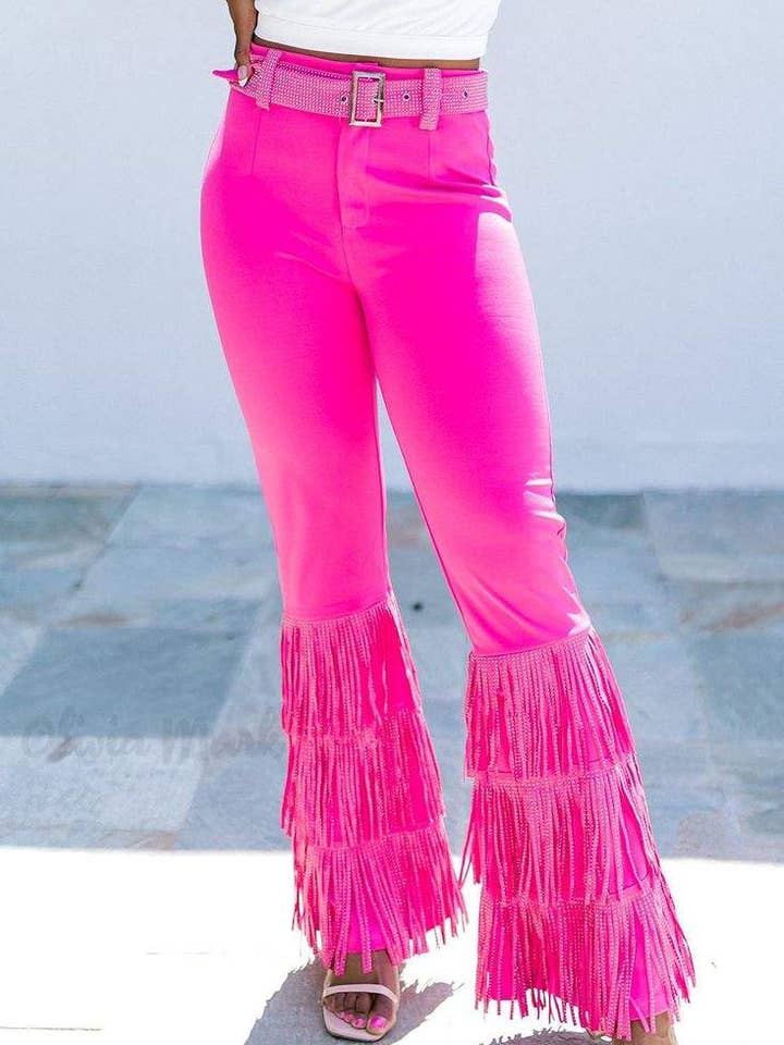 pants with pink fringes high waist flared pants for wholesale on Faire0