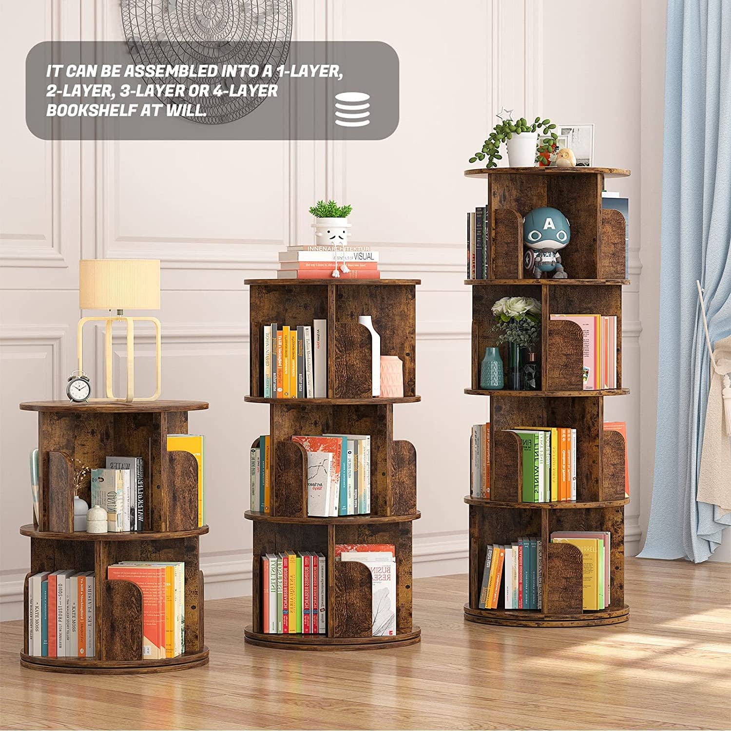 Rustic Brown Rotating Corner Bookshelf 360 Degree 4 Tier Space Saving for wholesale on Faire4