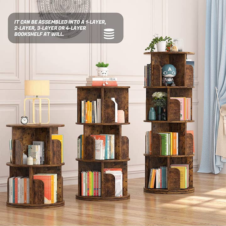 Rustic Brown Rotating Corner Bookshelf 360 Degree 4 Tier Space Saving for wholesale on Faire4
