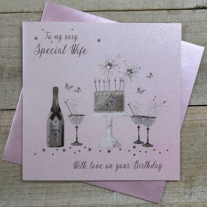 ANNIVERSAIRE DE MA FEMME - GÂTEAU ROSE & GRIS & CHAMPAGNE (DP7-W) pour la vente par White Cotton Cards