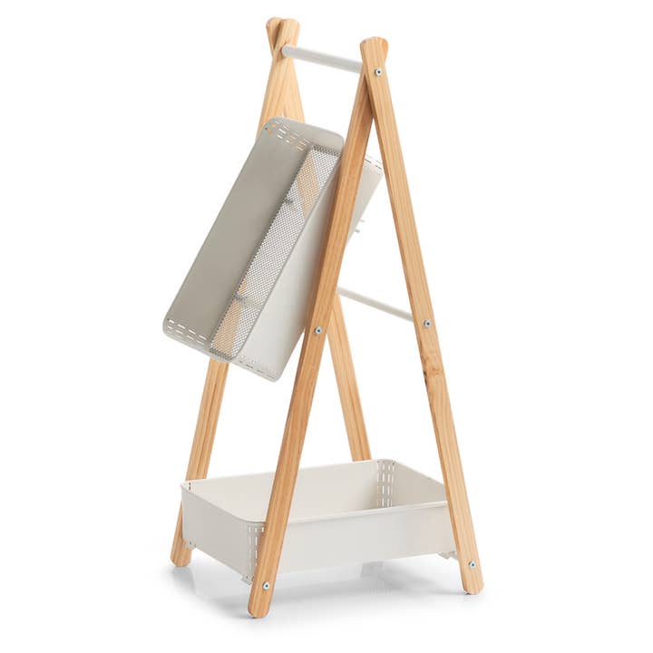 Freestanding shelf with 2 baskets, metal/wood, white for wholesale on Faire6