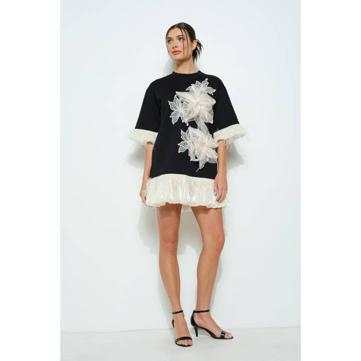 BLACK Bead Embellished Floral Applique Mini Dress for wholesale on Faire