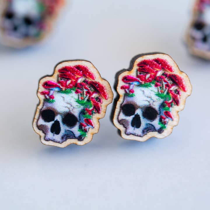 Magic mushroom encrusted skull wooden Studs, Titanium for wholesale by The Slug And Kraken