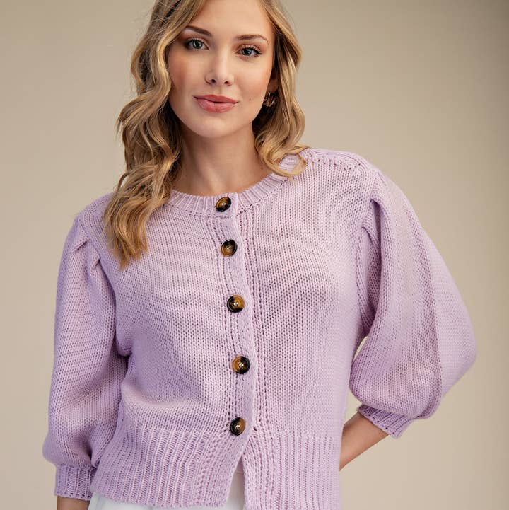 Glam - Wholesale Knit Sweater - Women's - Short Puff Sleeve Button Down Sweater - Reorder Friendly29