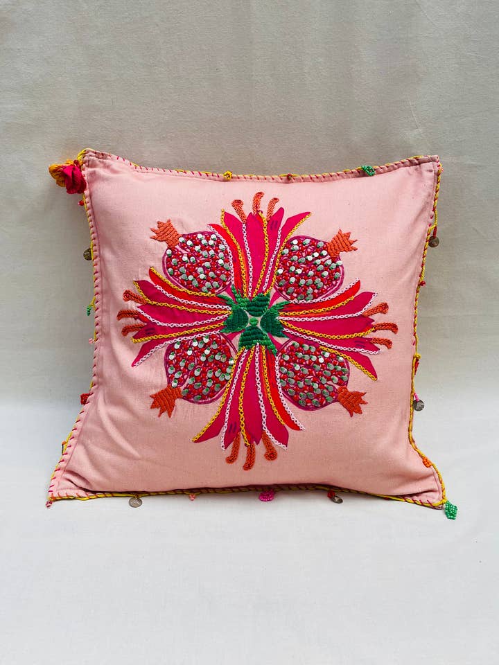 Hand-Embellished Pomegranate Throw Pillow Cover for wholesale by Roopa Pemmaraju