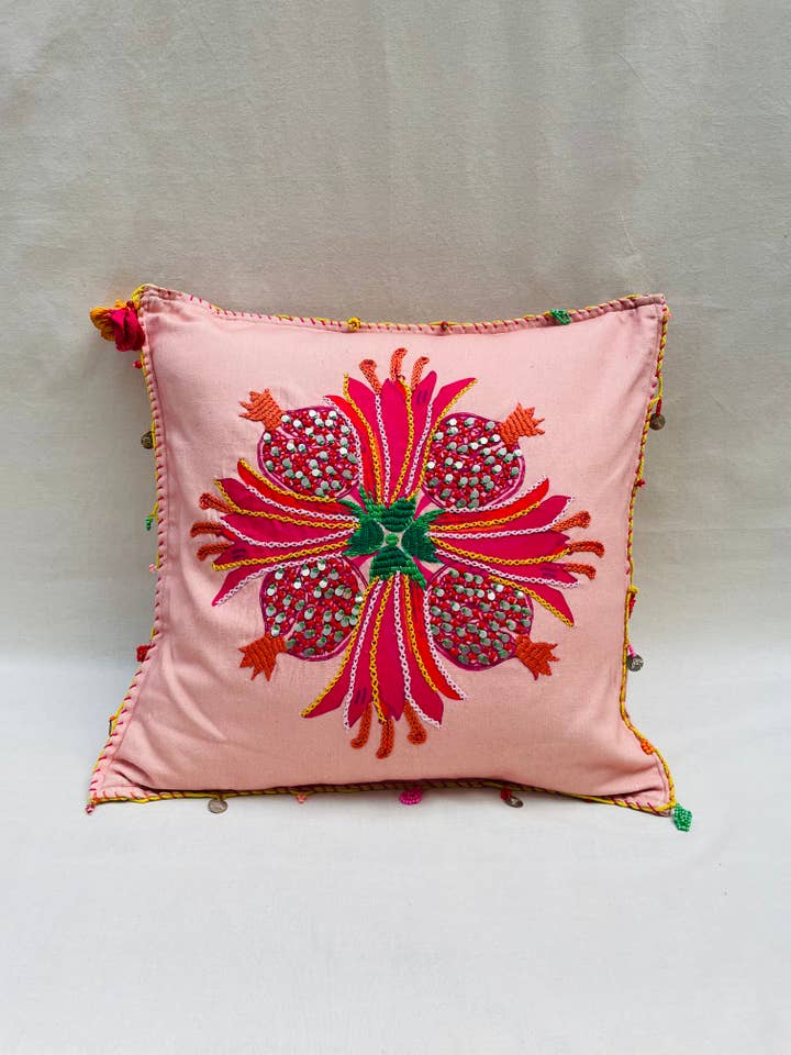 Hand-Embellished Pomegranate Throw Pillow Cover for wholesale by Roopa Pemmaraju