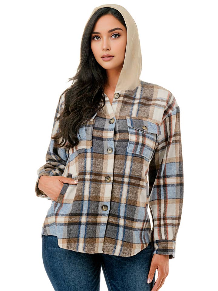 Color 5 – Großhandel Hemdjacke/Shacket – Damen – Blau-weiße karierte Flanellhemd mit Kapuze und Taschen