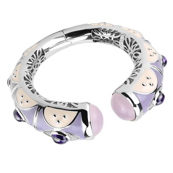 LO4268 - Bracelet jonc en laiton rhodié avec synthétique en rose pour la vente par Alamode