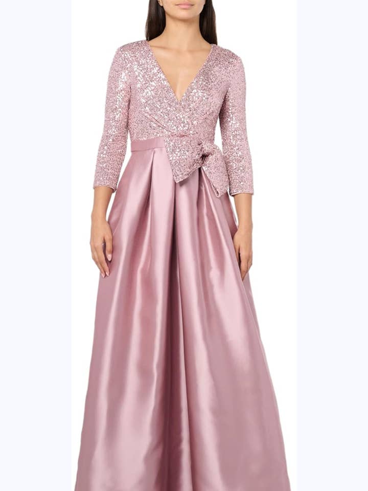 Eliza J Sequined 3/4 Sleeve Side Bow Evening Gown for wholesale by New Yorker's Apparel