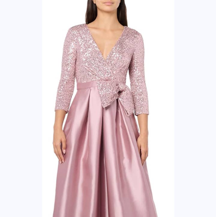Eliza J Sequined 3/4 Sleeve Side Bow Evening Gown for wholesale by New Yorker's Apparel
