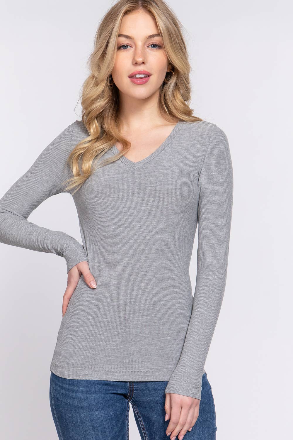 Active Basic | Active USA - Wholesale Knit Top - Women's - Long Sleeve V-neck Rayon Rib Knit Top  24