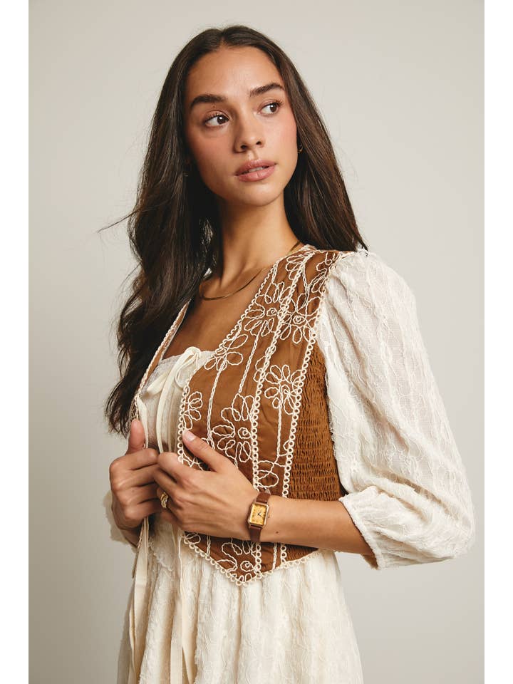 Forte - Wholesale Outerwear Vest - Women's - Embroidered Tie-Front Boho Vest FV00019